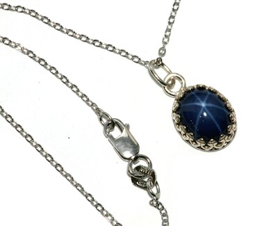 Oval Lab Created Blue Star Sapphire Crown Style Bezel Polished Silver Necklace by Salish Sea Inspirations - image2